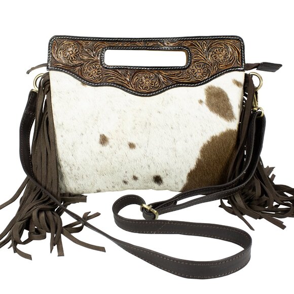 Women Hand Tooled Hair-on Shoulder Fringe Bag with Free Gift Bifold Black Wallet - Picture 6 of 9